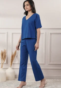 Solid Color Cotton Slub Co-Ord Set in Blue