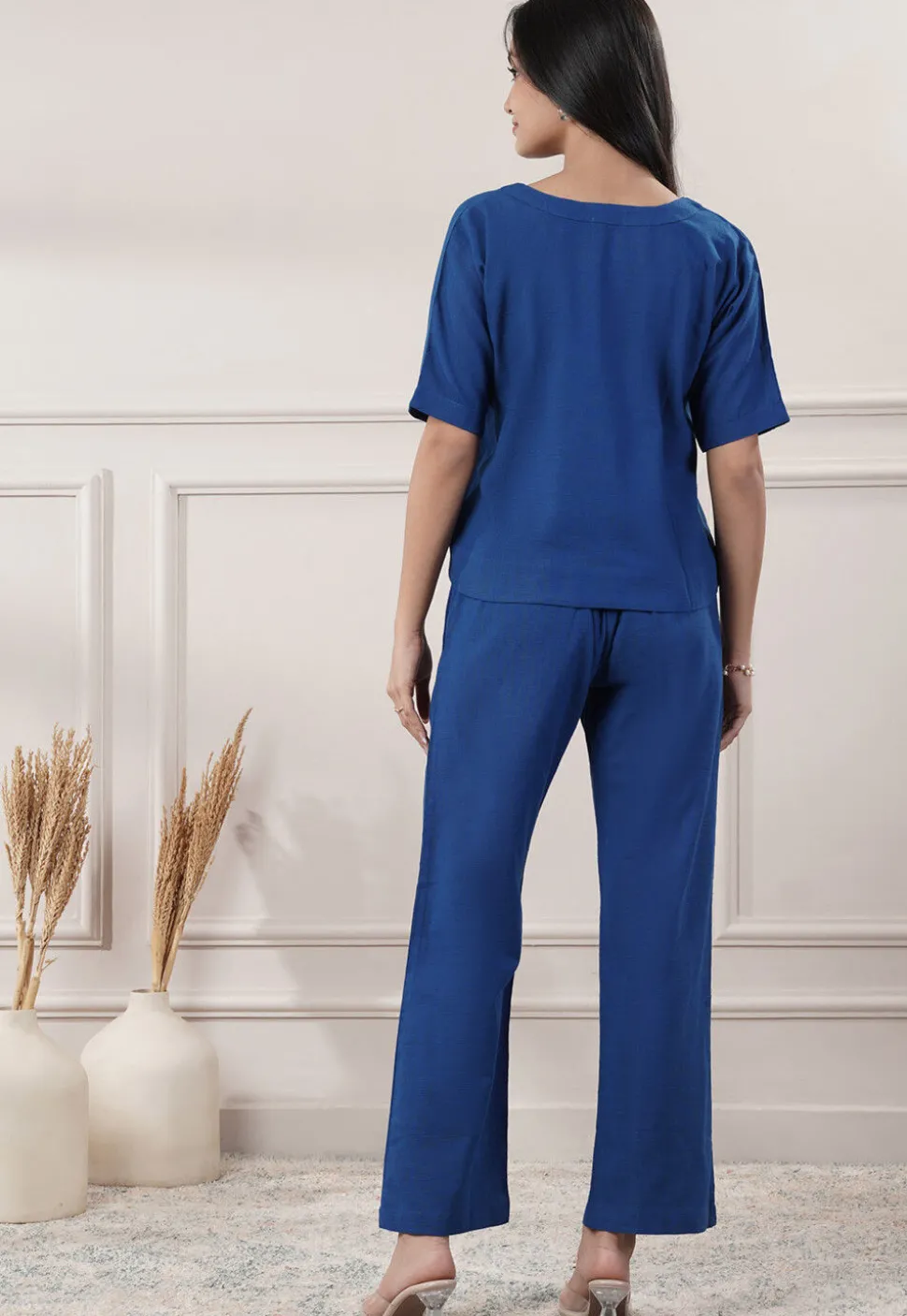 Solid Color Cotton Slub Co-Ord Set in Blue