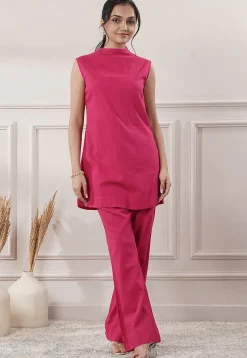 Solid Color Cotton Slub Co-Ord Set in Fuchsia