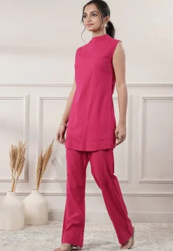 Solid Color Cotton Slub Co-Ord Set in Fuchsia