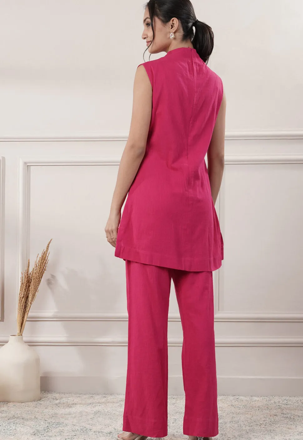 Solid Color Cotton Slub Co-Ord Set in Fuchsia
