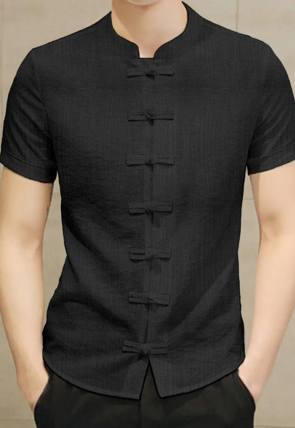 Solid Color Cotton Slub Front Open Shirt in Black