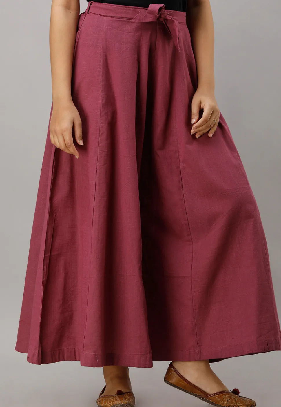Solid Color Cotton Slub Flared Palazzo in Dark Old Rose