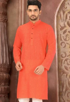 Solid Color Cotton Slub Kurta in Peach