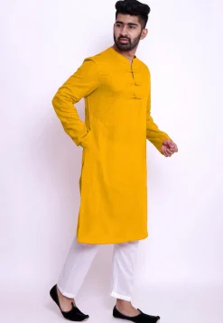 Solid Color Cotton Slub Kurta Set in Mustard