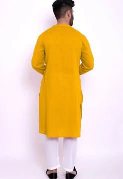 Solid Color Cotton Slub Kurta Set in Mustard