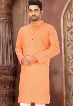 Solid Color Cotton Slub Kurta in Orange