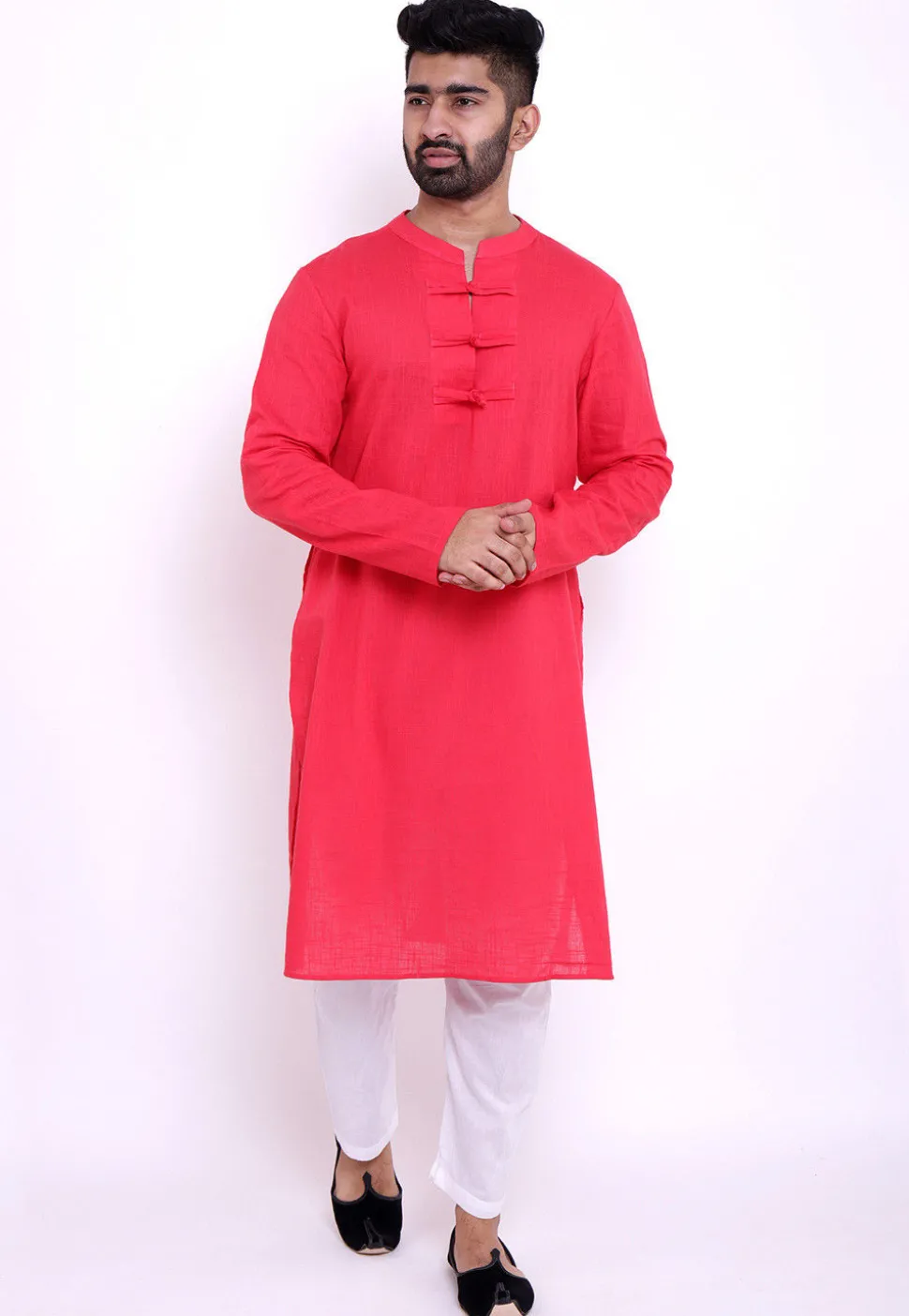 Solid Color Cotton Slub Kurta in Coral Pink