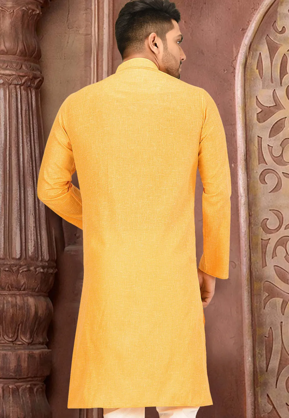 Solid Color Cotton Slub Kurta in Mustard