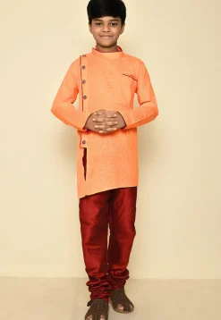 Solid Color Cotton Slub Kurta Set in Orange