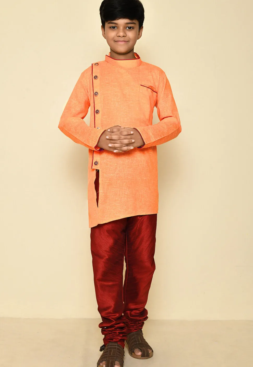 Solid Color Cotton Slub Kurta Set in Orange