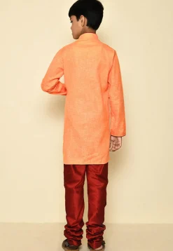 Solid Color Cotton Slub Kurta Set in Orange