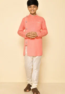 Solid Color Cotton Slub Kurta Set in Peach