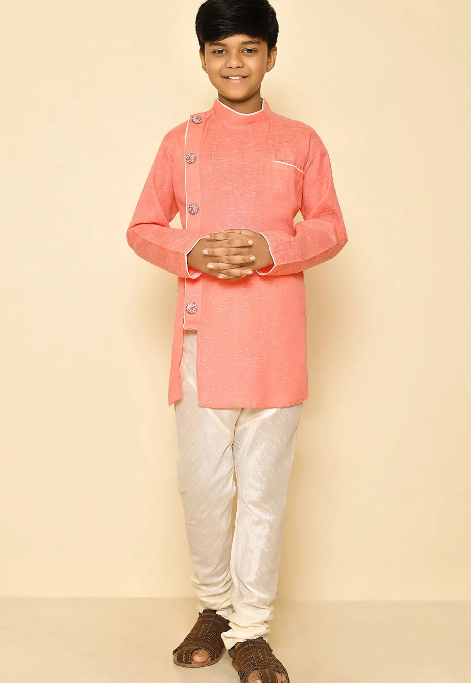 Solid Color Cotton Slub Kurta Set in Peach