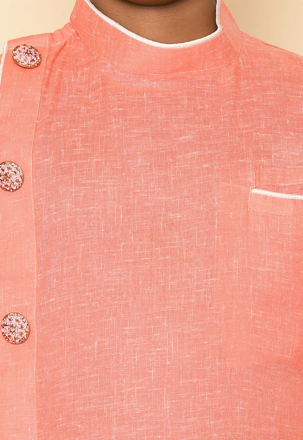 Solid Color Cotton Slub Kurta Set in Peach