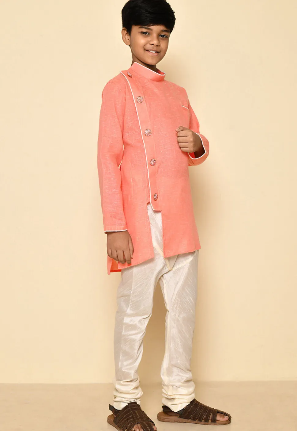 Solid Color Cotton Slub Kurta Set in Peach