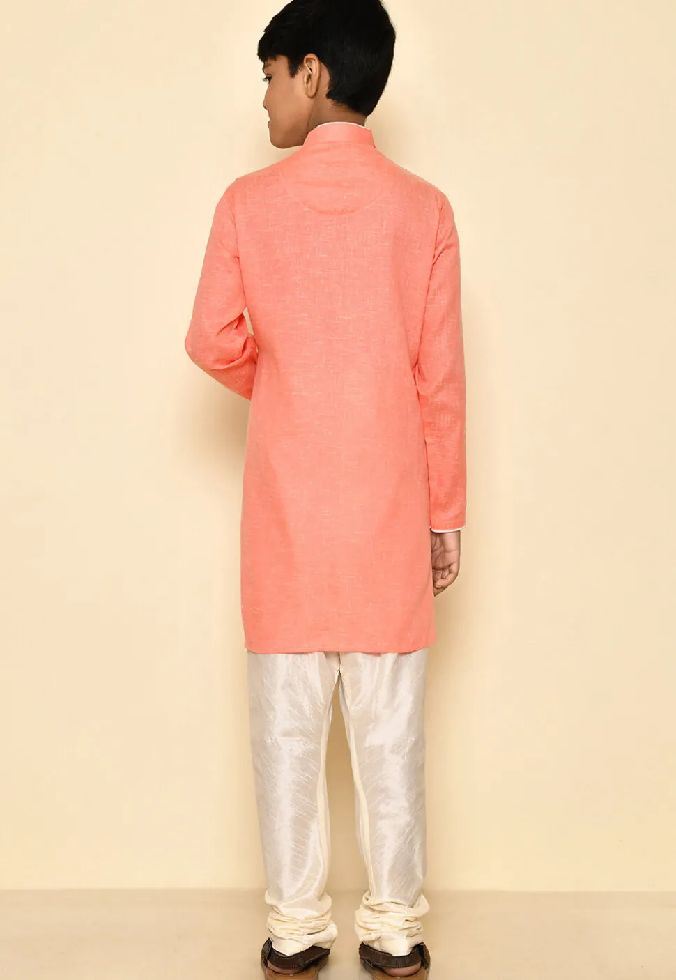 Solid Color Cotton Slub Kurta Set in Peach