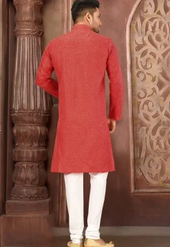Solid Color Cotton Slub Kurta Set in Red