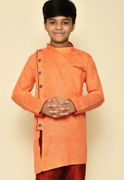 Solid Color Cotton Slub Kurta in Orange