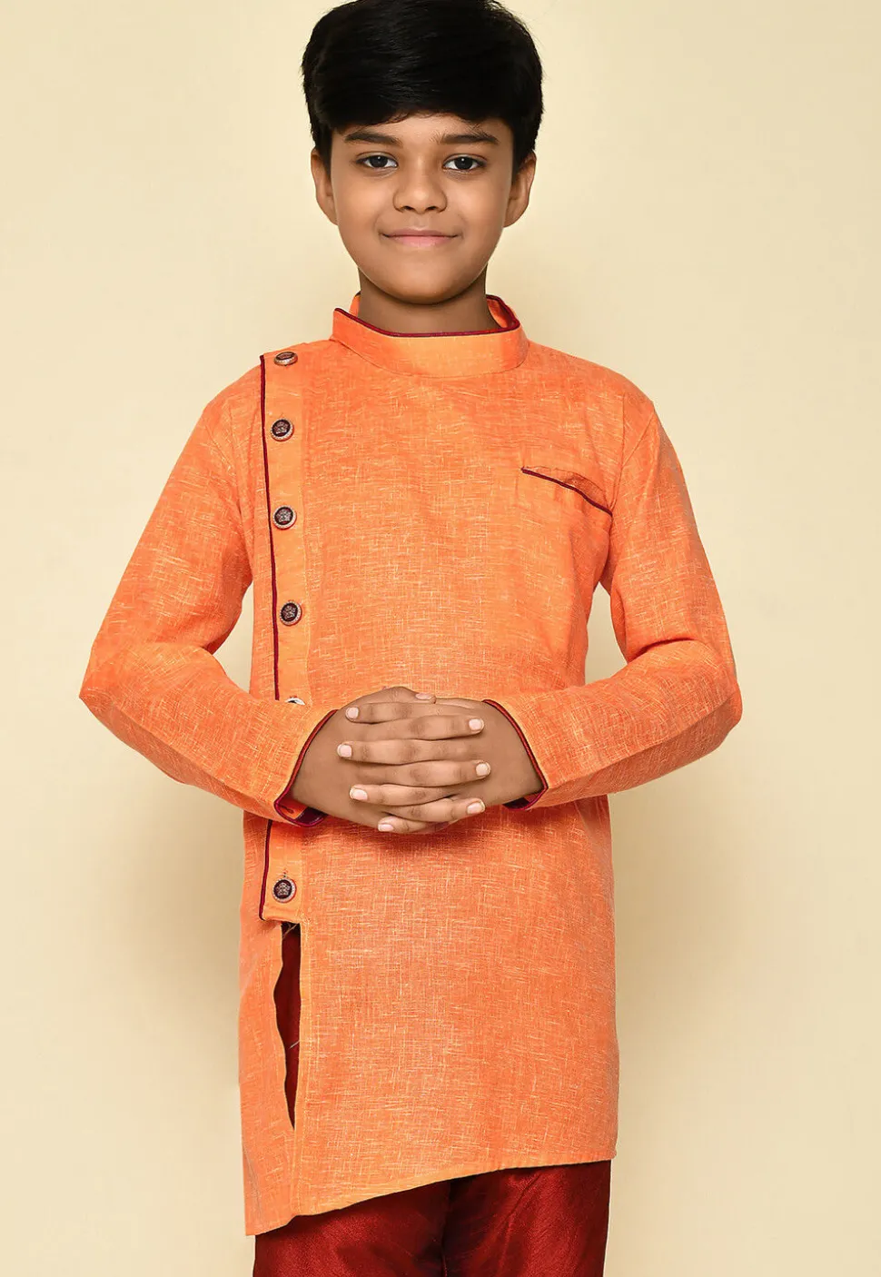 Solid Color Cotton Slub Kurta in Orange
