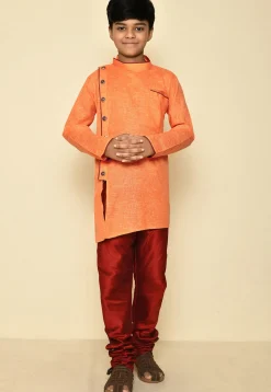 Solid Color Cotton Slub Kurta in Orange