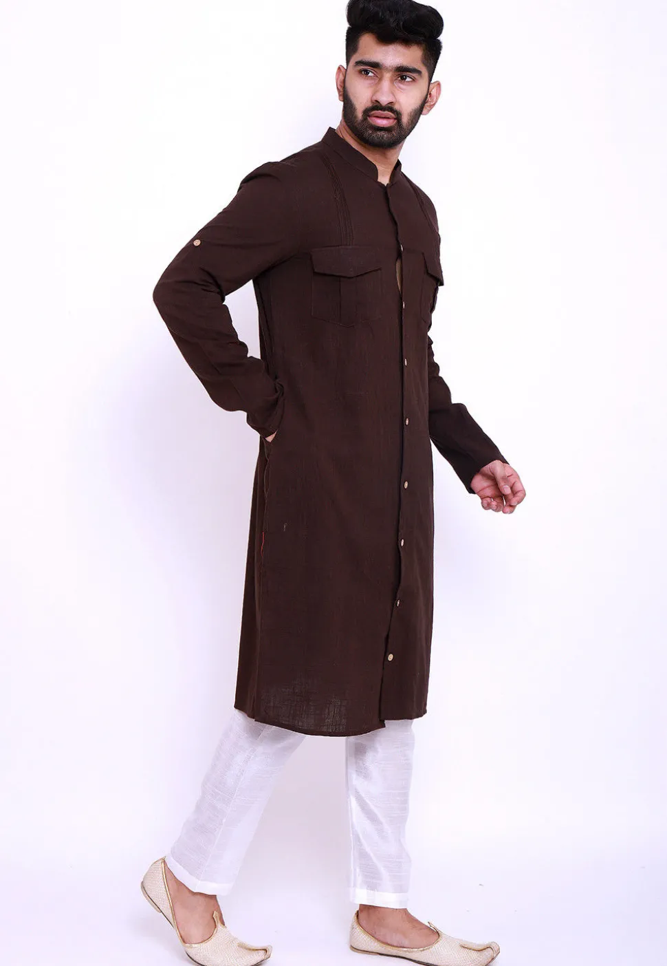 Solid Color Cotton Slub Pathani Suit in Brown