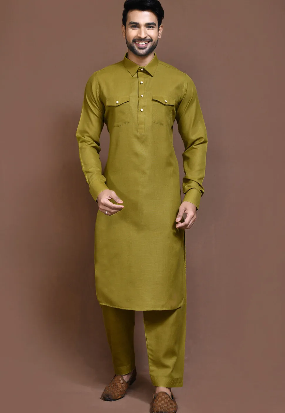 Solid Color Cotton Slub Paithani Suit in Olive Green
