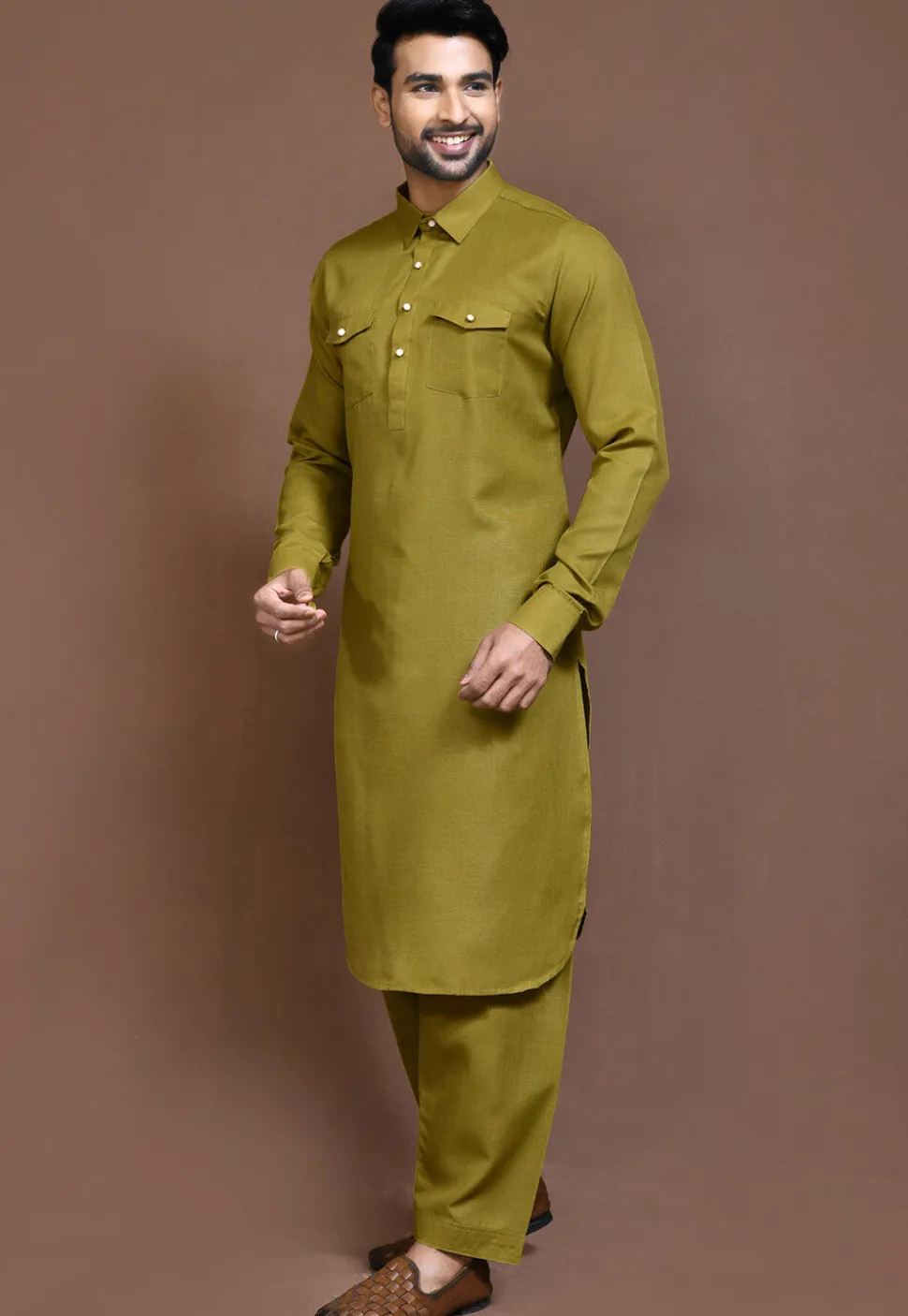 Solid Color Cotton Slub Paithani Suit in Olive Green