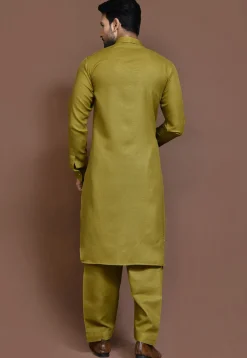 Solid Color Cotton Slub Paithani Suit in Olive Green