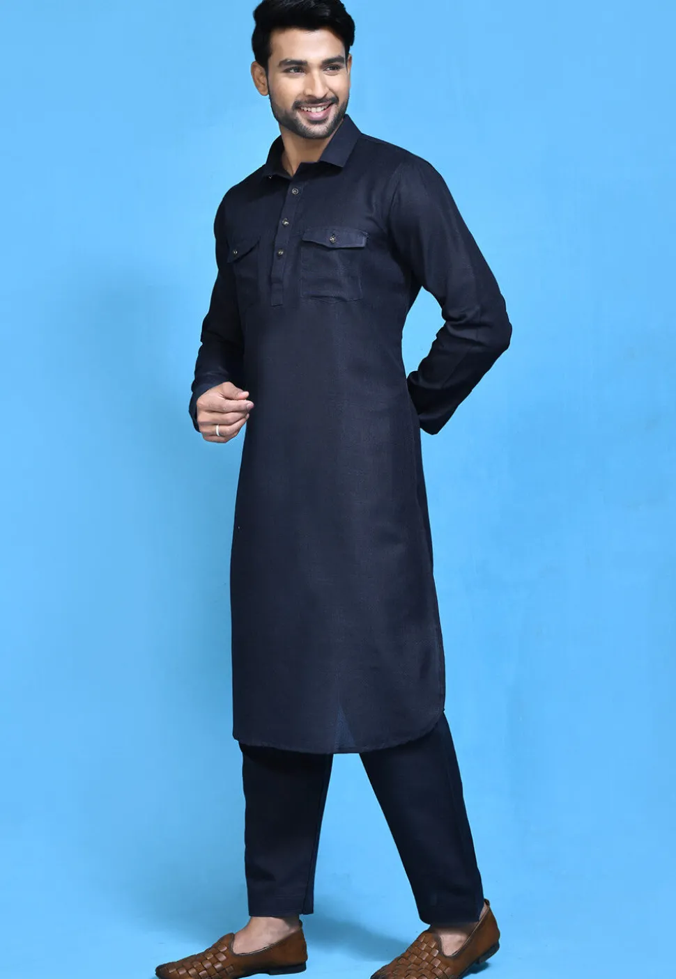 Solid Color Cotton Slub Paithani Suit in Navy Blue