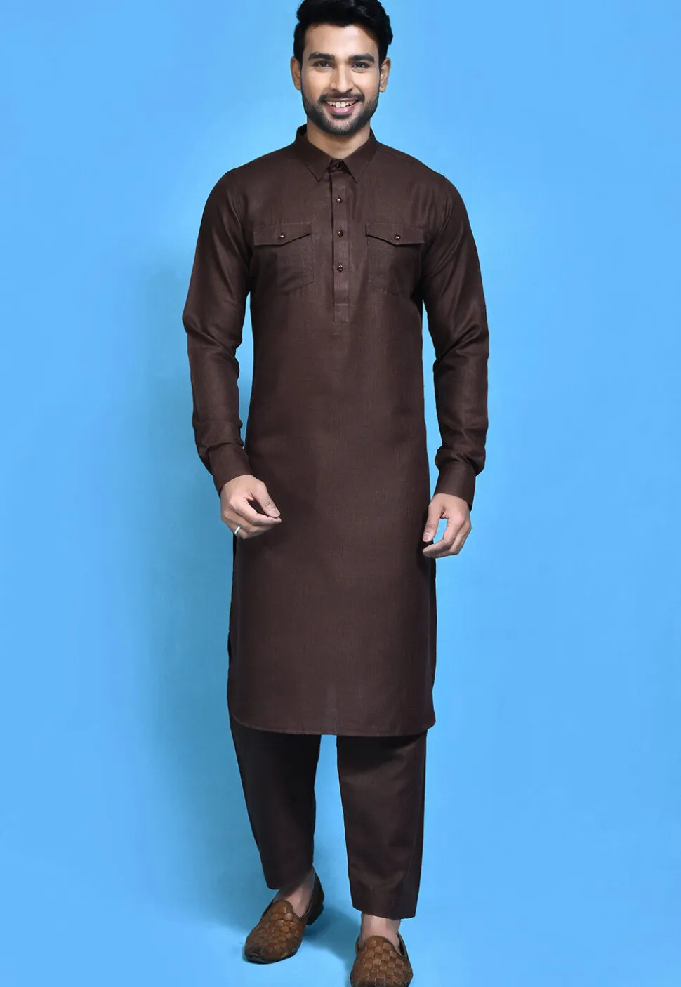 Solid Color Cotton Slub Paithani Suit in Dark Brown