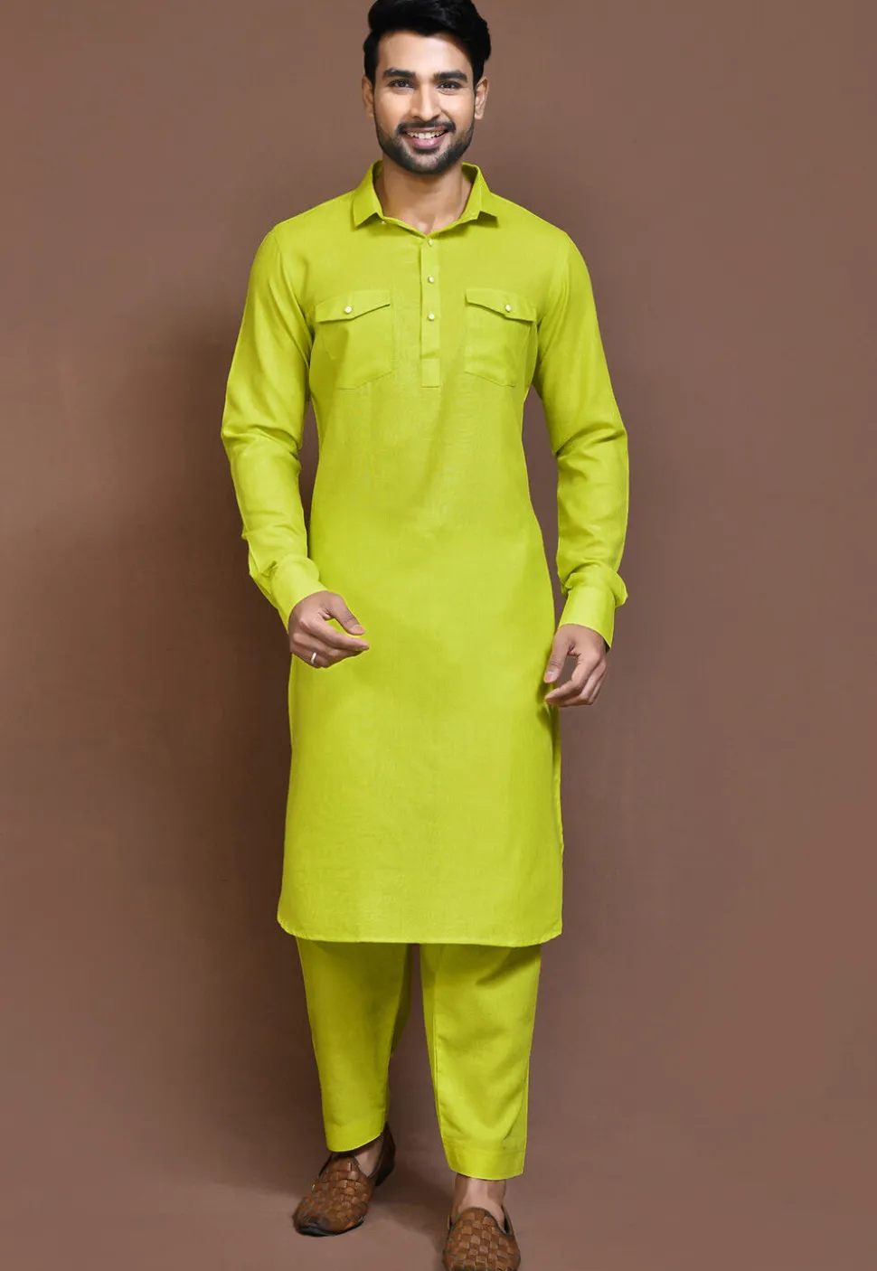 Solid Color Cotton Slub Paithani Suit in Light Green