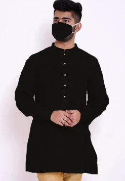 Solid Color Cotton Slub Short Kurta in Black