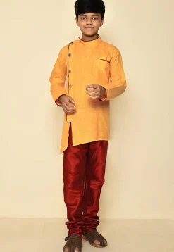 Solid Color Cotton Slub Sherwani Set in Yellow