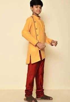 Solid Color Cotton Slub Sherwani Set in Yellow