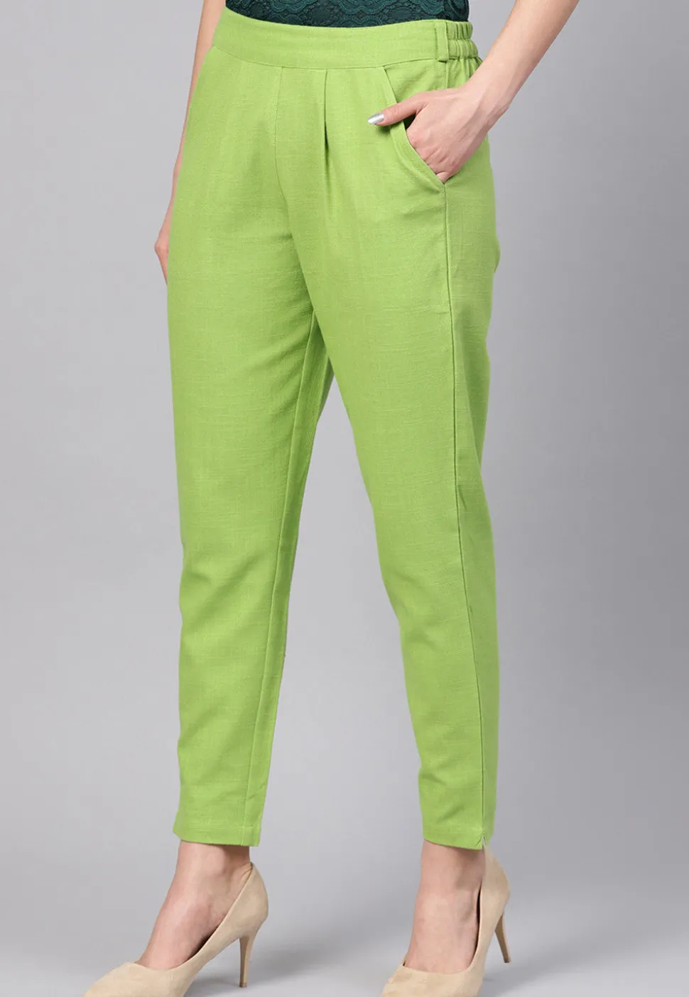 Solid Color Cotton Slub Trouser in Neon Green