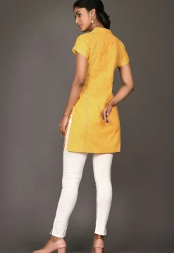 Solid Color Cotton Straight Kurti in Yellow