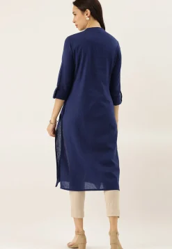 Solid Color Cotton Straight Kurta in Navy Blue