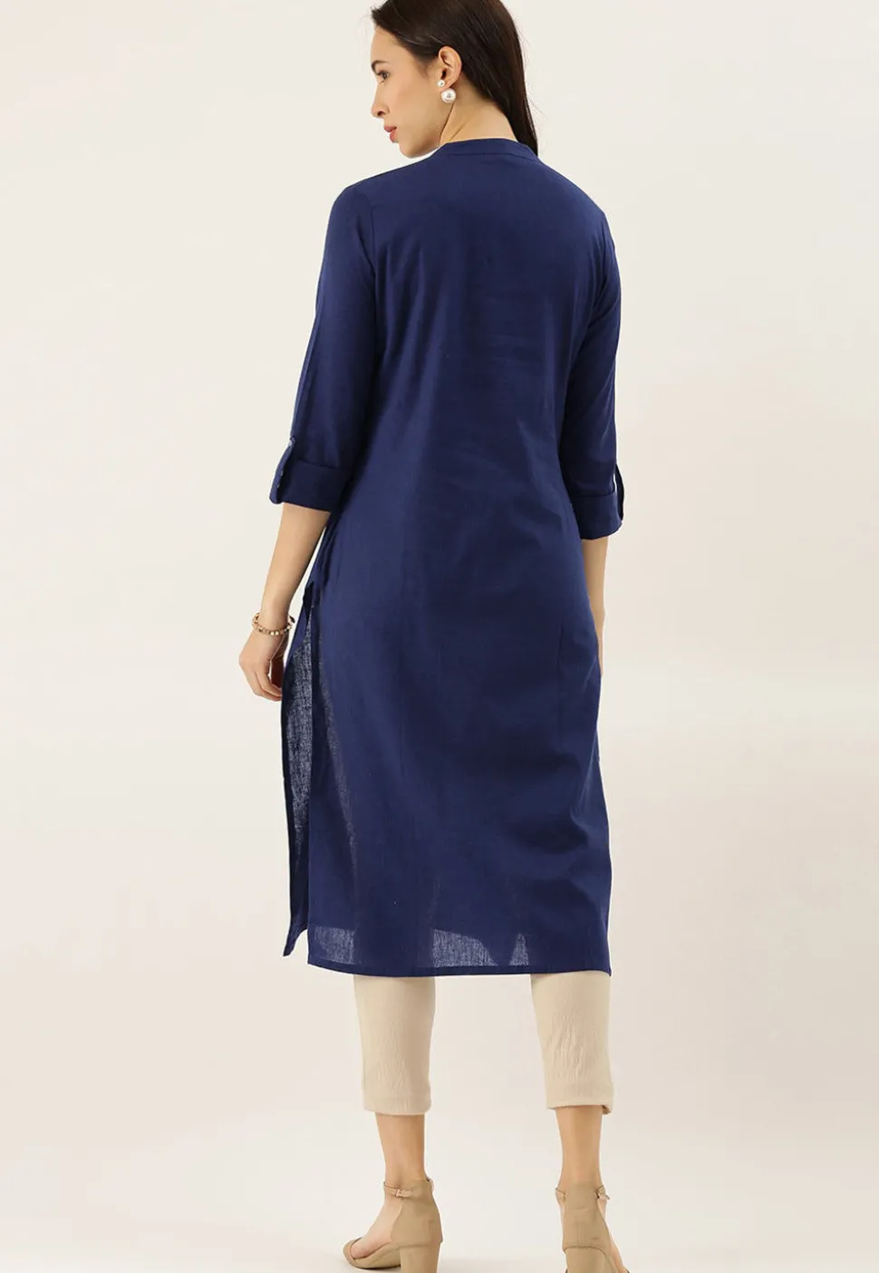 Solid Color Cotton Straight Kurta in Navy Blue