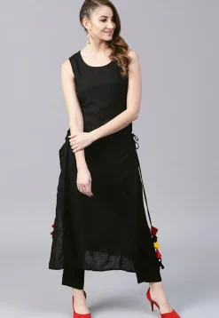 Solid Color Cotton Straight Kurta in Black