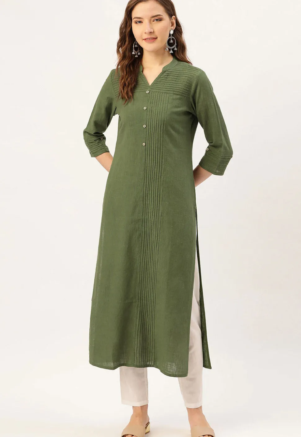 Solid Color Cotton Straight Kurta in Olive Green
