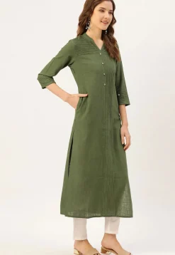 Solid Color Cotton Straight Kurta in Olive Green