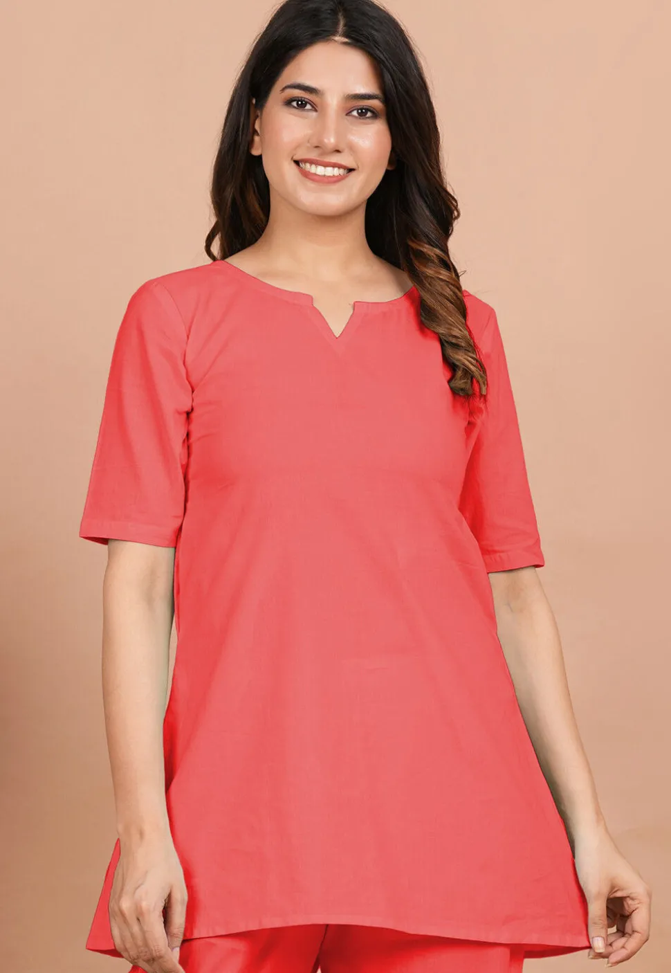 Solid Color Cotton Tunic in Coral Red
