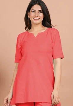 Solid Color Cotton Tunic in Coral Red