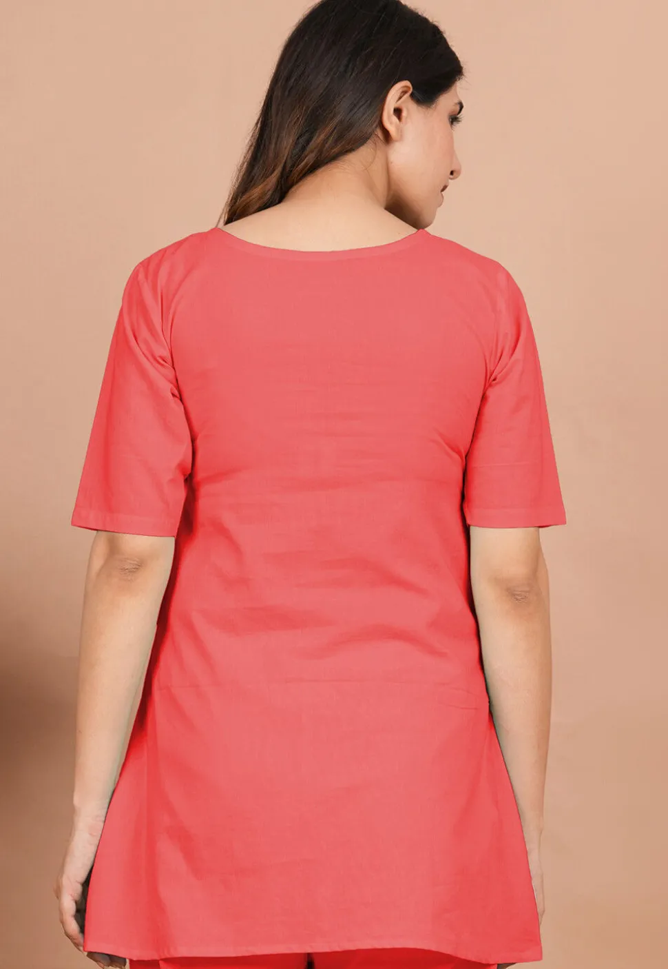 Solid Color Cotton Tunic in Coral Red