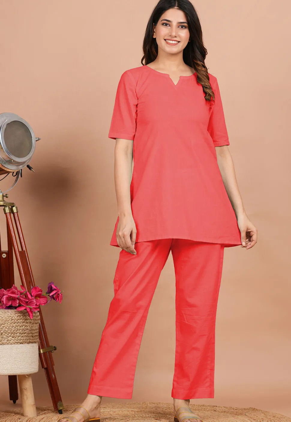 Solid Color Cotton Tunic in Coral Red