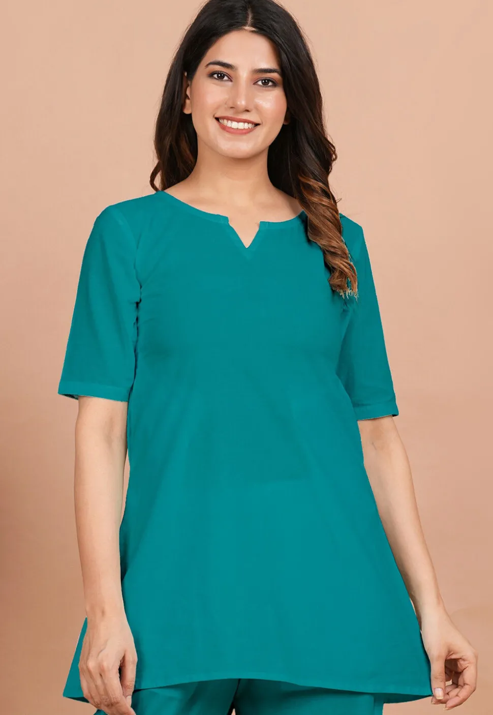 Solid Color Cotton Tunic in Teal Green
