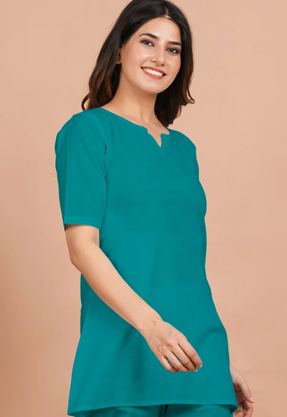 Solid Color Cotton Tunic in Teal Green