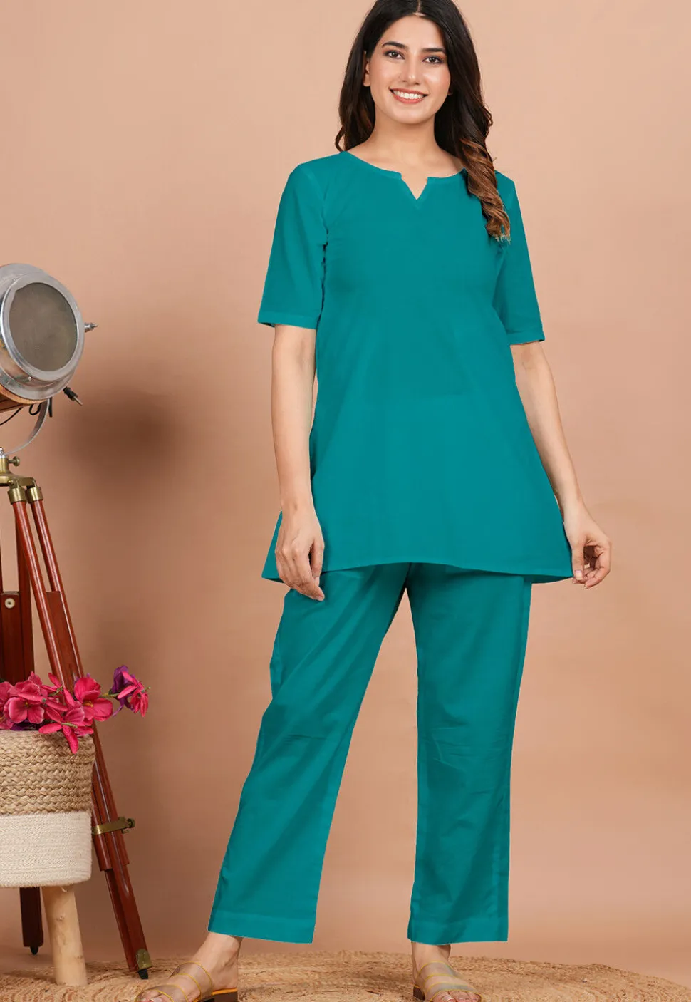 Solid Color Cotton Tunic in Teal Green