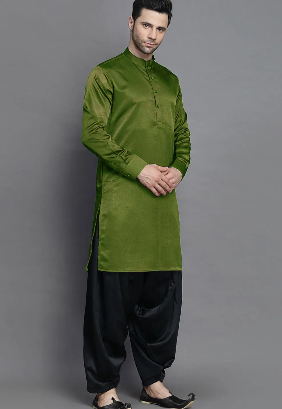 Solid Color Crepe Kurta in Olive Green